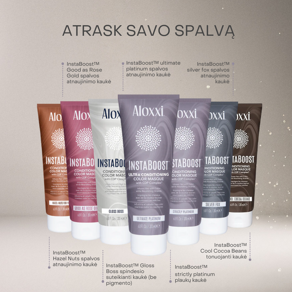 Aloxxi InstaBoost spalvos atnaujinimo kaukių linija – Ultimate Platinum, Rose Gold, Hazel Nuts, Gloss Boss, Silver Fox, Cocoa Beans.