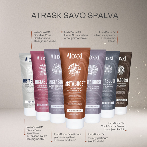 Aloxxi InstaBoost spalvos atnaujinimo kaukės – Hazel Nuts, Rose Gold, Silver Fox, Platinum, Cool Cocoa Beans ir kiti atspalviai.
