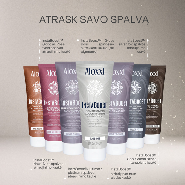 Aloxxi InstaBoost plaukų kaukių kolekcija – Rose Gold, Hazel Nuts, Ultimate Platinum, Gloss Boss, Silver Fox, Cool Cocoa Beans.