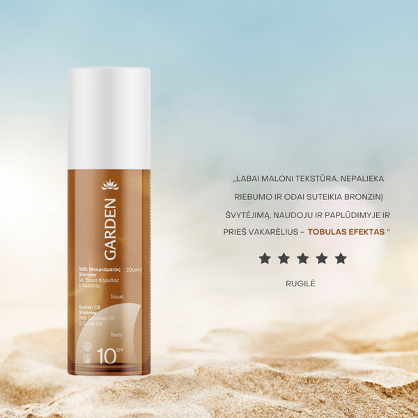 Žėrintis įdegio aliejus su kokosų, sezamų, morkų, riešutų aliejais