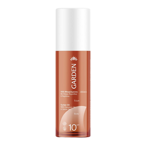 Garden įdegio aliejus su kokosų ir morkų aliejais SPF10, 200 ml – natūralus kūno aliejus spindinčiam ir saugiam įdegiui.