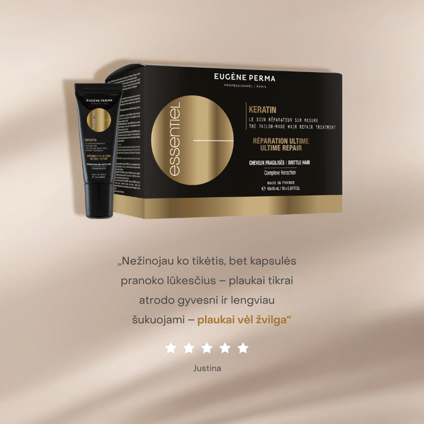 Eugene Perma Essentiel Keratin Gold Booster keratino kapsulės, skirtos plaukų atstatymui su keratinu 10ml plastmasinė kapsulė.