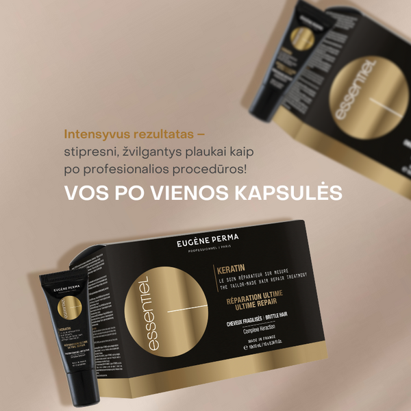Eugene Perma Essentiel Keratin Gold Booster keratino kapsulės, skirtos plaukų atstatymui su keratinu 10ml plastmasinė kapsulė.