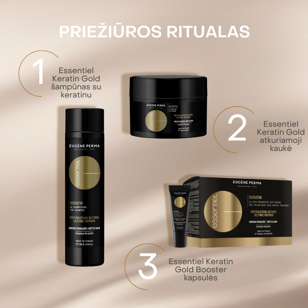 Eugene Perma Essentiel Keratin Gold atkuriamoji kaukė 150ml indelyje, šampūnas 250ml ir keratino atstatomosios kapsulės 10ml indelyje su dozatoriumi.