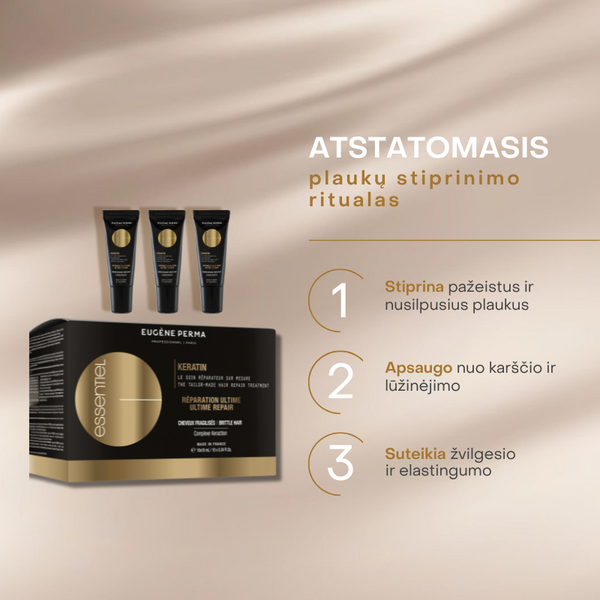 Eugene Perma Essentiel Keratin Gold Booster keratino kapsulės, skirtos plaukų atstatymui su keratinu 10ml plastmasinė kapsulė.