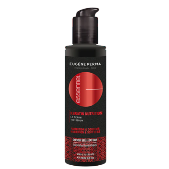 Essentiel Keratin Nutrition maitinamasis plaukų serumas – 200 ml juodas buteliukas su raudonais akcentais, skirtas sausiems ir pažeistiems plaukams maitinti bei atkurti jų struktūrą, suteikiant švelnumo ir žvilgesio.