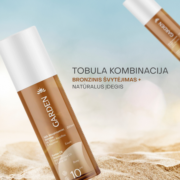 Žėrintis įdegio aliejus su kokosų, sezamų, morkų, riešutų aliejais