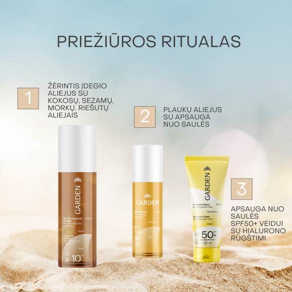 Žėrintis įdegio aliejus su kokosų, sezamų, morkų, riešutų aliejais