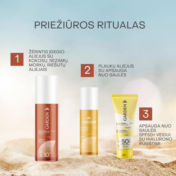 Įdegio aliejus su kokosų, sezamų, morkų ir riešutų aliejais