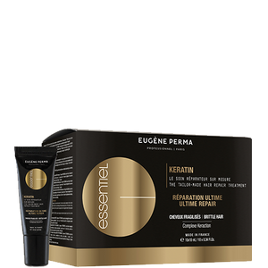 Essentiel Keratin Booster keratino kapsulės plaukų atstatymui, supakuotos į 10 x 10 ml buteliukų dėžutę, skirtos suteikti blizgesio, elastingumo ir apsaugoti plaukus nuo lūžinėjimo