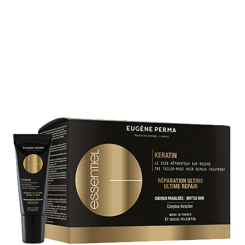 Essentiel Keratin Booster keratino kapsulės plaukų atstatymui, supakuotos į 10 x 10 ml buteliukų dėžutę, skirtos suteikti blizgesio, elastingumo ir apsaugoti plaukus nuo lūžinėjimo