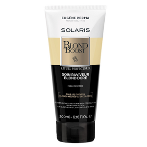 Nuotraukoje matomas Eugene Perma Solaris Blond Care Dore tonuojamasis kondicionierius. Produktas pateiktas 200 ml tūbelėje, akcentuojant, kad jis neutralizuoja geltonus atspalvius ir atkuria plaukų spindesį. Etiketėje pabrėžiama, jog kondicionierius sudarytas iš 95% natūralių ingredientų, įskaitant kokosų aliejų ir augalinių baltymų kompleksą KERAVIS™, kuris saugo plaukus nuo lūžinėjimo. Rekomenduojama naudoti 1-2 kartus per savaitę, paliekant 5 minutes prieš skalaujant.