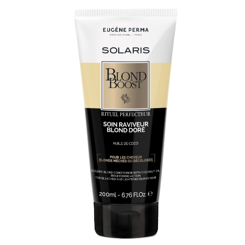Nuotraukoje matomas Eugene Perma Solaris Blond Care Dore tonuojamasis kondicionierius. Produktas pateiktas 200 ml tūbelėje, akcentuojant, kad jis neutralizuoja geltonus atspalvius ir atkuria plaukų spindesį. Etiketėje pabrėžiama, jog kondicionierius sudarytas iš 95% natūralių ingredientų, įskaitant kokosų aliejų ir augalinių baltymų kompleksą KERAVIS™, kuris saugo plaukus nuo lūžinėjimo. Rekomenduojama naudoti 1-2 kartus per savaitę, paliekant 5 minutes prieš skalaujant.