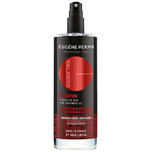 Essentiel Keratin Nutrition maitinamasis aliejus 100 ml buteliuke, skirtas plaukams ir kūno odai, pagamintas iš natūralių ingredientų, tokių kaip alyvuogių, jojoba ir saulėgrąžų aliejai, siekiant intensyvaus drėkinimo ir maitinimo.