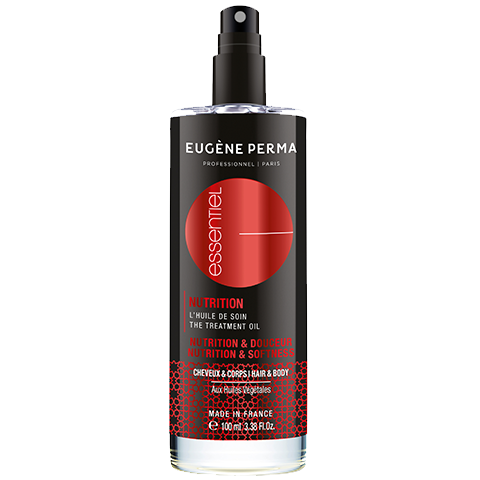 Essentiel Keratin Nutrition maitinamasis aliejus 100 ml buteliuke, skirtas plaukams ir kūno odai, pagamintas iš natūralių ingredientų, tokių kaip alyvuogių, jojoba ir saulėgrąžų aliejai, siekiant intensyvaus drėkinimo ir maitinimo.
