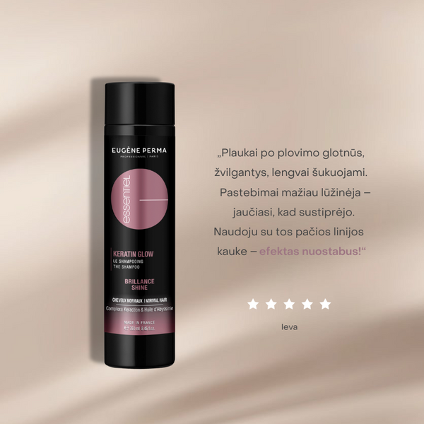 Eugene Perma Essentiel Keratin Glow šampūnas 250ml indelyje.