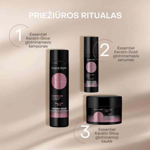 Eugene Perma Essentiel Keratin Glow atkuriamoji kaukė 150ml indelyje, šampūnas 250ml ir keratino glow serumas 50ml indelyje su dozatoriumi.