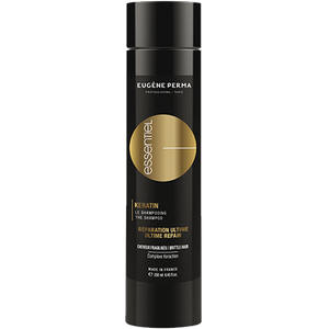 Essentiel Keratin Gold šampūnas su keratinu, 250 ml pakuotė, skirta plaukų atstatymui ir stiprinimui.