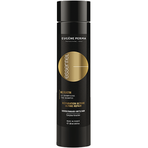 Essentiel Keratin Gold šampūnas su keratinu, 250 ml pakuotė, skirta plaukų atstatymui ir stiprinimui.