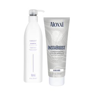Aloxxi Violet plaukų šampūnas ir Instaboost Gloss Boss plaukų kaukė