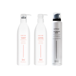 Rinkinį sudaro Aloxxi Volumizing šampūnas plaukų apimčiai, Aloxxi Volumizing kondicionierius plaukų apimčiai, Aloxxi style apimtį dydynančios pūtos