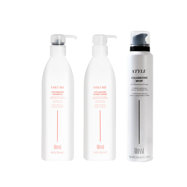 Rinkinį sudaro Aloxxi Volumizing šampūnas plaukų apimčiai, Aloxxi Volumizing kondicionierius plaukų apimčiai, Aloxxi style apimtį dydynančios pūtos