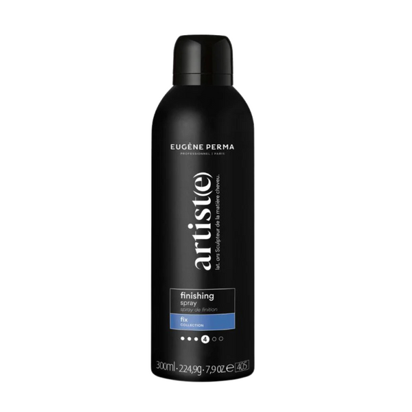 Eugène Perma Artist(e) Finishing Spray 300 ml – profesionalus juodas plaukų purškiklis su mėlynu akcentu, užtikrinantis stiprią 4/6 fiksaciją ir ilgalaikį rezultatą.