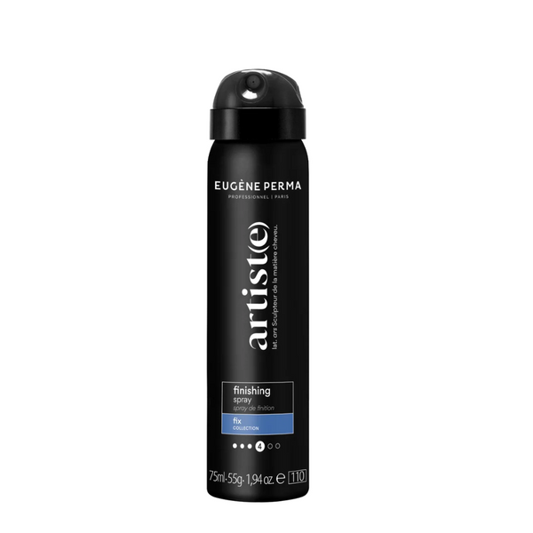 Eugène Perma Artist(e) Finishing Spray – juodas cilindro formos buteliukas su baltais užrašais ir mėlynu akcentu. Stiprios fiksacijos plaukų purškiklis, 75 ml.