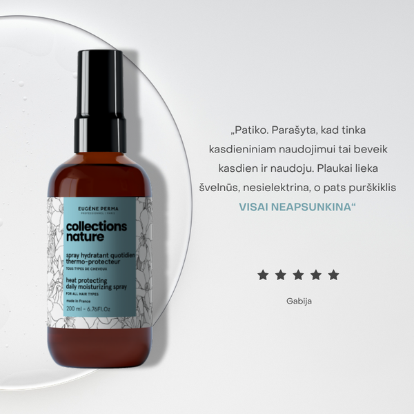 Klientės atsiliepimas Collections Nature Daily apsaugai panaudjous. 5 žvaigždės įvertinimas. Pastaba, kad plaukai nesielektrina. 