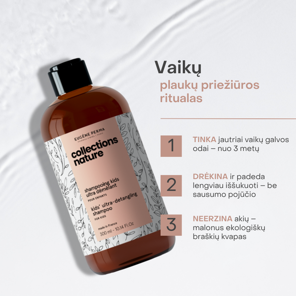 Collections Nature Kids ultra-švelnus šampūnas vaikams – drėkina, lengvina iššukavimą ir neerzina akių, malonus ekologiškų braškių kvapas.