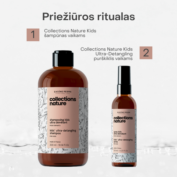 Collections Nature Kids vaikų plaukų priežiūros ritualas su ultra-švelniu šampūnu ir Ultra-Detangling purškikliu.