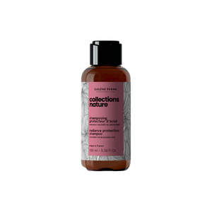 Nature Radiance Protection Shampoo – tamsaus gintaro spalvos buteliukas su juodu dangteliu ir rožine etikete. Etiketėje nurodytas produkto pavadinimas, paskirtis dažytiems ar šviesintiems plaukams ir talpa – 100ml