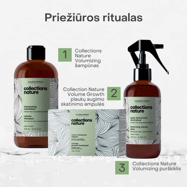 Collections Nature apimties plaukų priežiūros ritualas – volumizuojantis šampūnas, volume growth ampulės ir apimties purškiklis