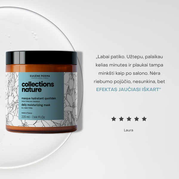 Drėkinančios kaukės Collections Nature Daily įvertinimas – švelnūs ir lengvai suvaldomi plaukai be riebumo pojūčio.

