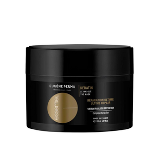 Eugène Perma Essentiel Keratin Mask – juodas indelis su auksine etikete. Profesionali keratino kaukė silpniems, pažeistiems plaukams, 150 ml.