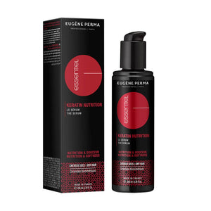 Essentiel Keratin Nutrition maitinamasis plaukų serumas – 200 ml juodas buteliukas su raudonais akcentais, skirtas sausiems ir pažeistiems plaukams maitinti bei atkurti jų struktūrą, suteikiant švelnumo ir žvilgesio.