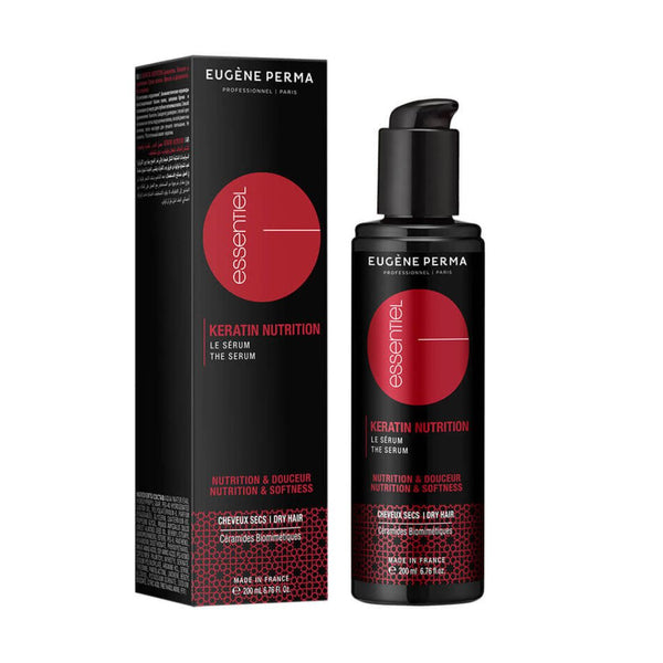 Essentiel Keratin Nutrition maitinamasis plaukų serumas – 200 ml juodas buteliukas su raudonais akcentais, skirtas sausiems ir pažeistiems plaukams maitinti bei atkurti jų struktūrą, suteikiant švelnumo ir žvilgesio.