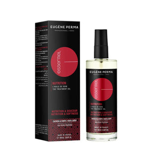 Essentiel Keratin Nutrition maitinamasis aliejus 100 ml buteliuke, skirtas plaukams ir kūno odai, pagamintas iš natūralių ingredientų, tokių kaip alyvuogių, jojoba ir saulėgrąžų aliejai, siekiant intensyvaus drėkinimo ir maitinimo.