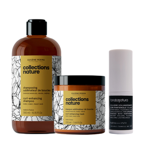 Rinkinys plaukasm: Curl šampūnas, Curl plaukų kkaukė ir Fondonatura pudra apimčiai.