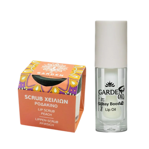 Perfect Lips Set – Garden Peach lūpų šveitiklis ir Glossy Booster aliejus su hialurono rūgštimi, švelnumui, drėkinimui ir blizgesiui