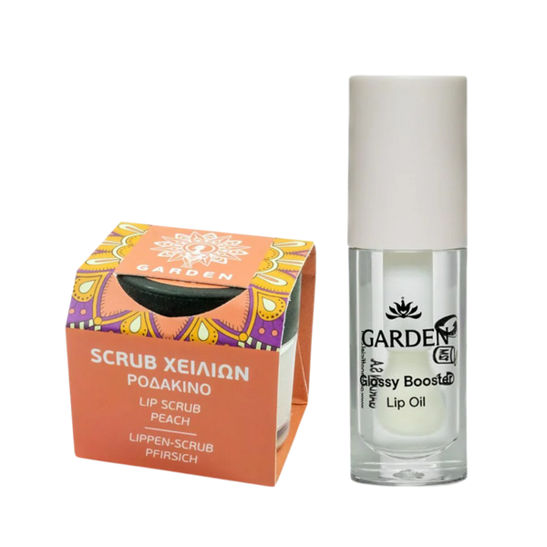 Perfect Lips Set – Garden Peach lūpų šveitiklis ir Glossy Booster aliejus su hialurono rūgštimi, švelnumui, drėkinimui ir blizgesiui