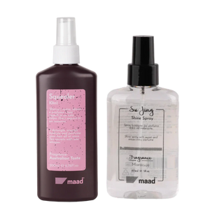 Glow & Protect plaukų blizgesio ir apsaugos rinkinys – Maad Squealer 10in1 Leave-In Spray ir Maad Su Jing Shine Spray, spindesys ir apsauga nuo karščio bei UV