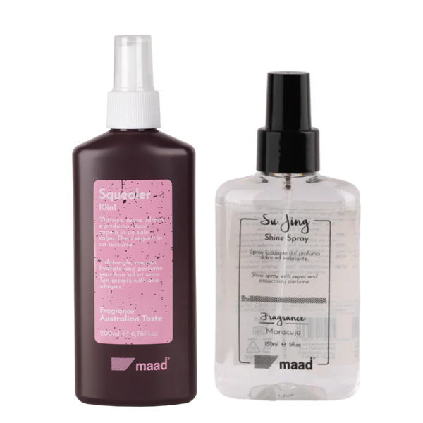 Glow & Protect plaukų blizgesio ir apsaugos rinkinys – Maad Squealer 10in1 Leave-In Spray ir Maad Su Jing Shine Spray, spindesys ir apsauga nuo karščio bei UV