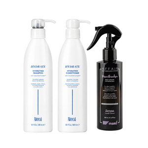 Aloxxi HYDRATE drėkinamųjų plaukų priežiūros priemonių rinkinys: drėkinamasis šampūnas (300 ml), kondicionierius (300 ml) ir MAAD Affair Heartbreaker plaukų glotninamasis purškiklis (200 ml).