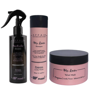 Maad Affair rinkinys Mr.Lover plaukų kaukė 200ml  kartu su Mr.Lover šampūnų 250ml ir Heartbreaker purškikliu 200ml.