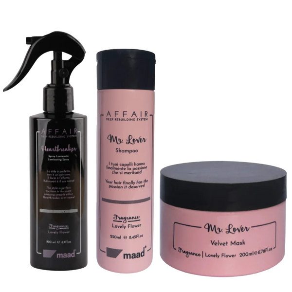 Maad Affair rinkinys Mr.Lover plaukų kaukė 200ml  kartu su Mr.Lover šampūnų 250ml ir Heartbreaker purškikliu 200ml.