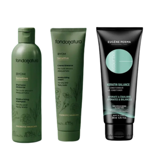 Fondonatura BYOM Sensitive šampūnas ir drėkinamasis kremas bei Eugène Perma Essentiel Keratin Balance kondicionierius – rinkinys jautriai galvos odai ir silpniems plaukams