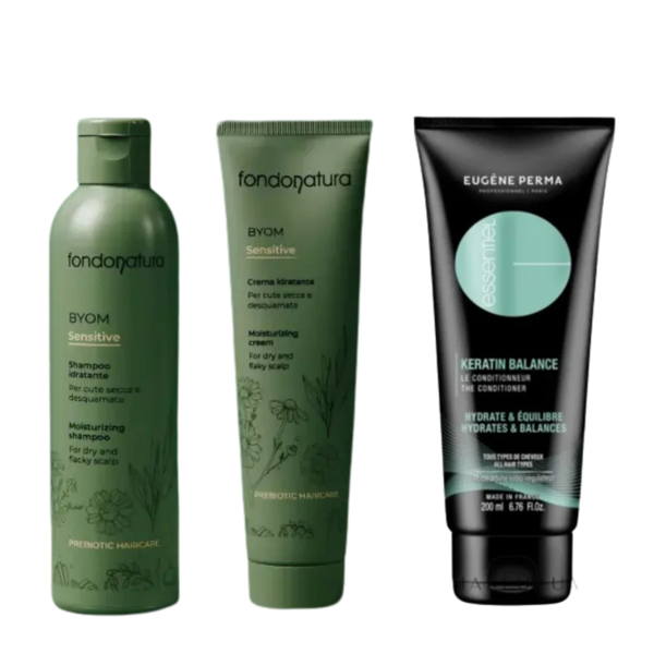 Fondonatura BYOM Sensitive šampūnas ir drėkinamasis kremas bei Eugène Perma Essentiel Keratin Balance kondicionierius – rinkinys jautriai galvos odai ir silpniems plaukams