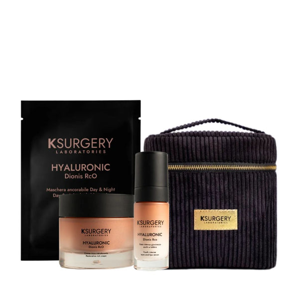 KSurgery Hyaluronic Dionis RcO veido priežiūros rinkinys su hialurono kremu, serumu, kauke ir juoda kosmetine
