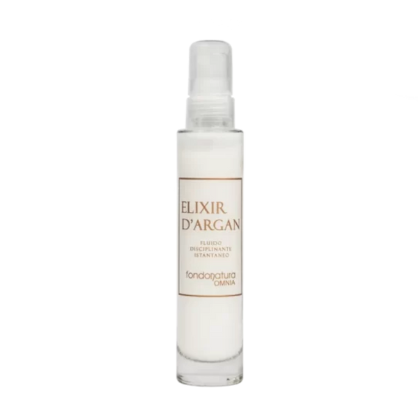 Fondonatura Elixir d’Argan – glotninantis, šilko efektą suteikiantis serumas su argano aliejumi, sericinu ir pantenoliu, skirtas elektrinimosi mažinimui ir šilumos apsaugai.